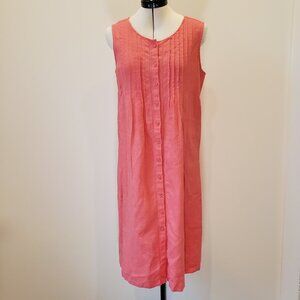 L.L. Bean Linen Midi Button Front Coral Pleated Dress Size 12
